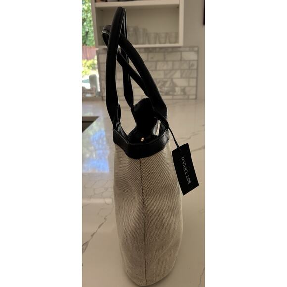 NWT Rachel Zoe Natural Cream with Black Leather Tote Bag Top Handle Purse - Picture 4 of 6